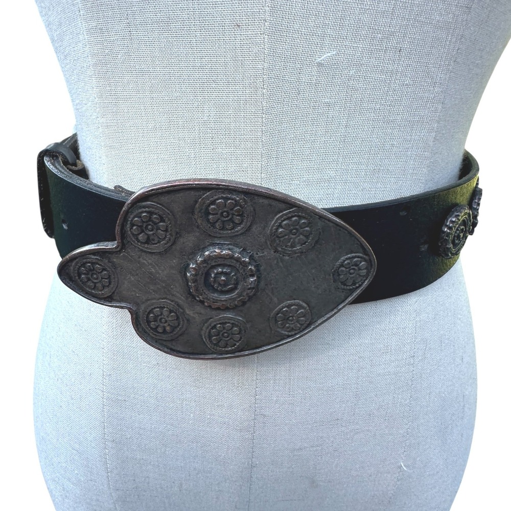 Garuglieri Black Leather Belt Made in Italy Large Ornate Silver Medallion 2105
